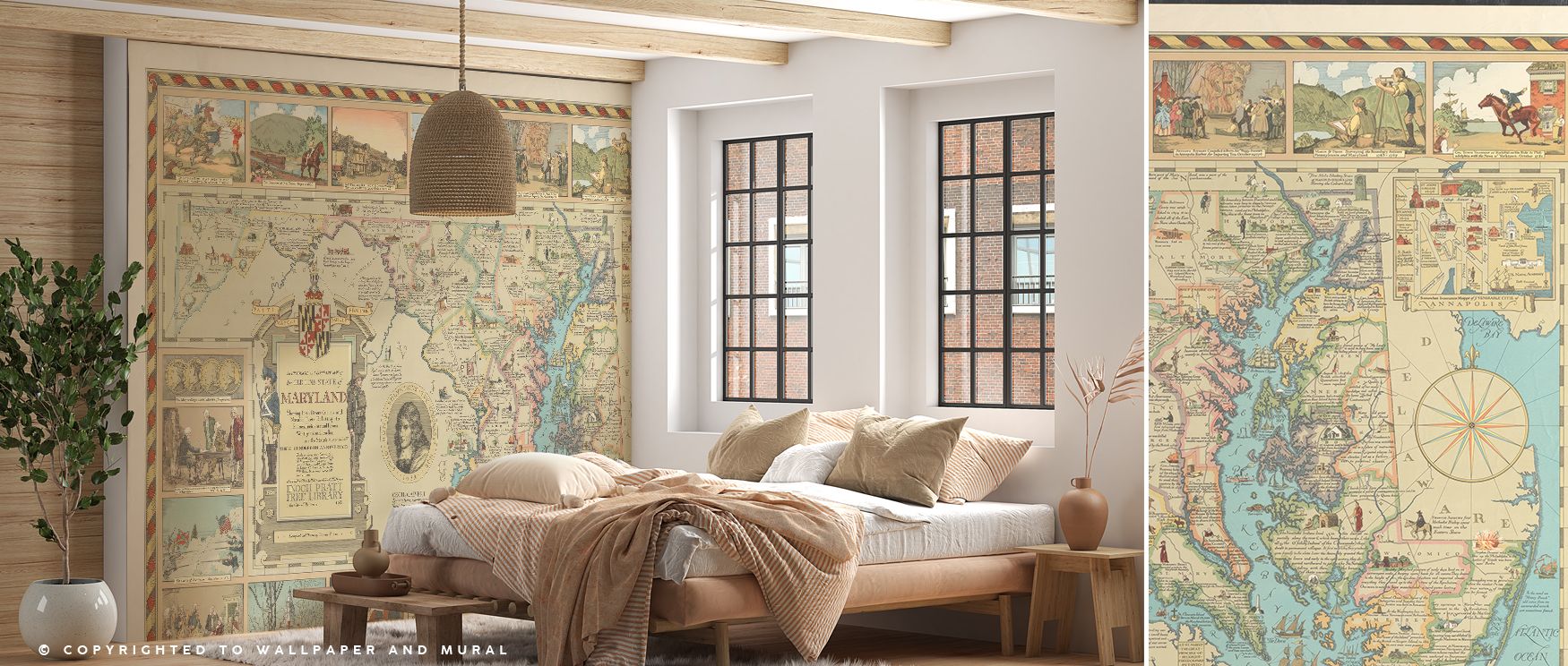 This wallpaper depicts Maryland’s geography with historic artistry, enriching interiors with charm. Bedrooms, offices, or lounges glow with refinement, as walls transform into canvases filled with cultural pride, identity, and sophisticated artistry, maki