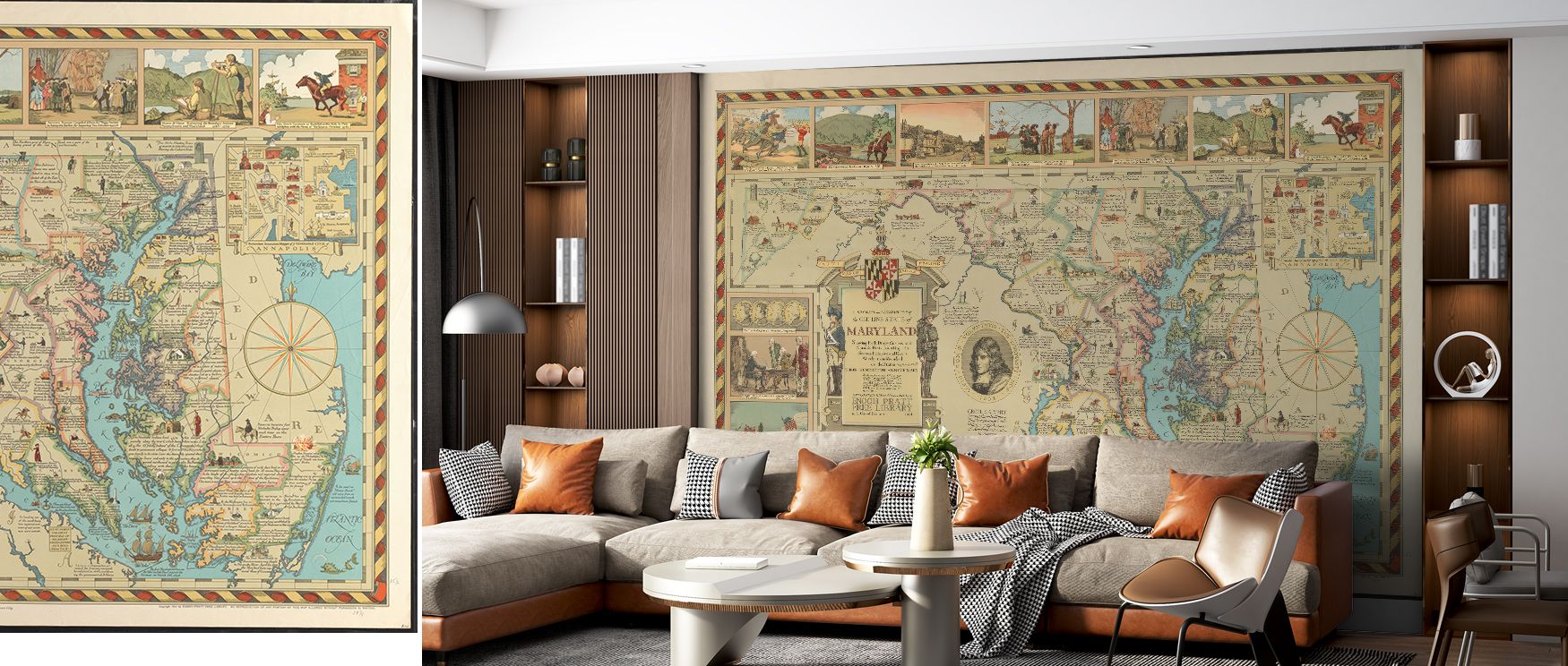 Detailed cartography spreads across this wallpaper, celebrating Maryland’s beauty. Interiors glow with refinement as living rooms, bedrooms, or offices become enriched with heritage charm and timeless artistry, reflecting pride and sophistication through 