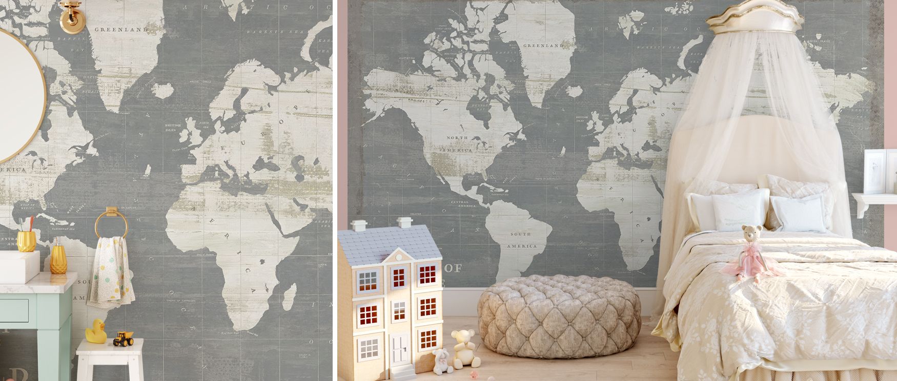 Slate tones and global cartography fill this wallpaper with refinement and charm. Living rooms or offices glow with sophistication as walls transform into canvases enriched with timeless artistry, cultural inspiration, and modern elegance, blending subtle