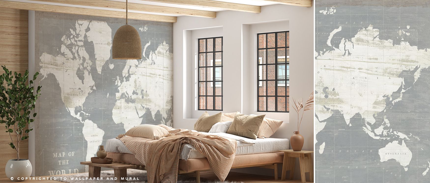 The Slate World Map Wallpaper celebrates modern artistry with slate tones, enriching interiors with charm. Bedrooms or living rooms glow with refinement as walls radiate global detail, sophistication, and cultural elegance, turning spaces into stylish bac
