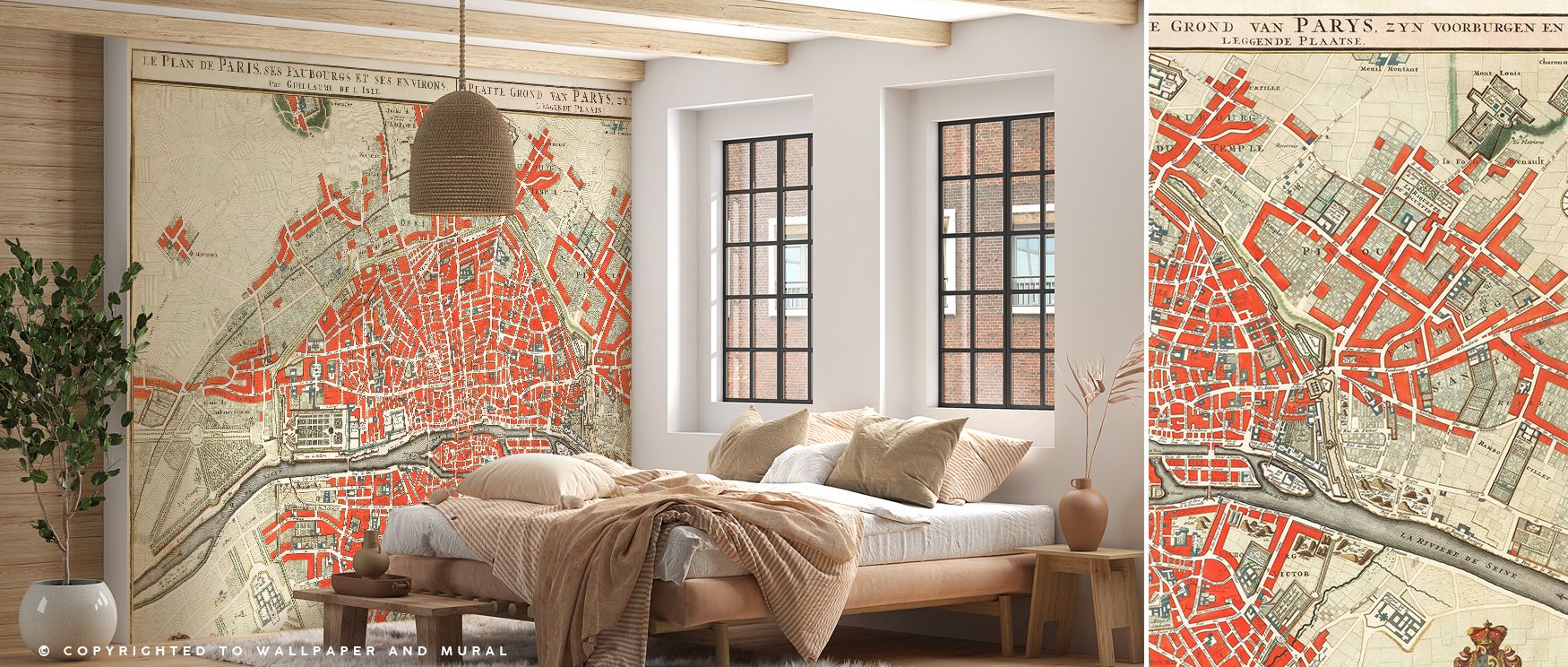 Detailed antique map artistry of Paris spreads across this wallpaper, enriching interiors with charm. Living rooms or offices glow with refinement as walls radiate cultural beauty, history, and timeless French design that celebrates heritage with elegance