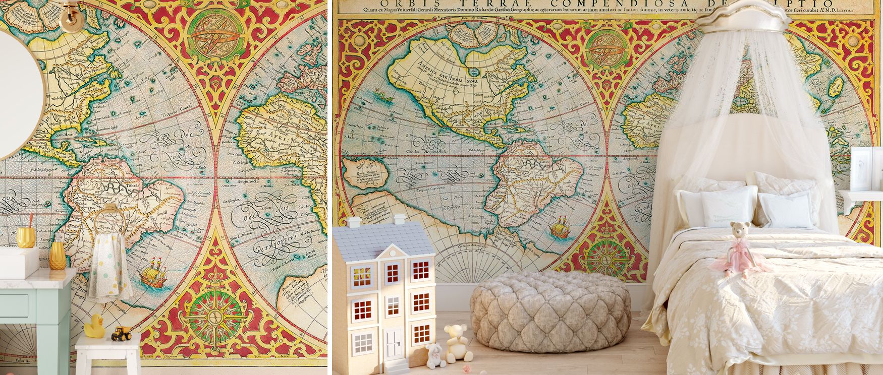 The Orbis Terrae 1637 Vintage Map Wallpaper enriches interiors with historic artistry, creating charm. Bedrooms or offices glow with refinement as walls transform into inspiring canvases filled with cultural beauty, global discovery, and timeless sophisti
