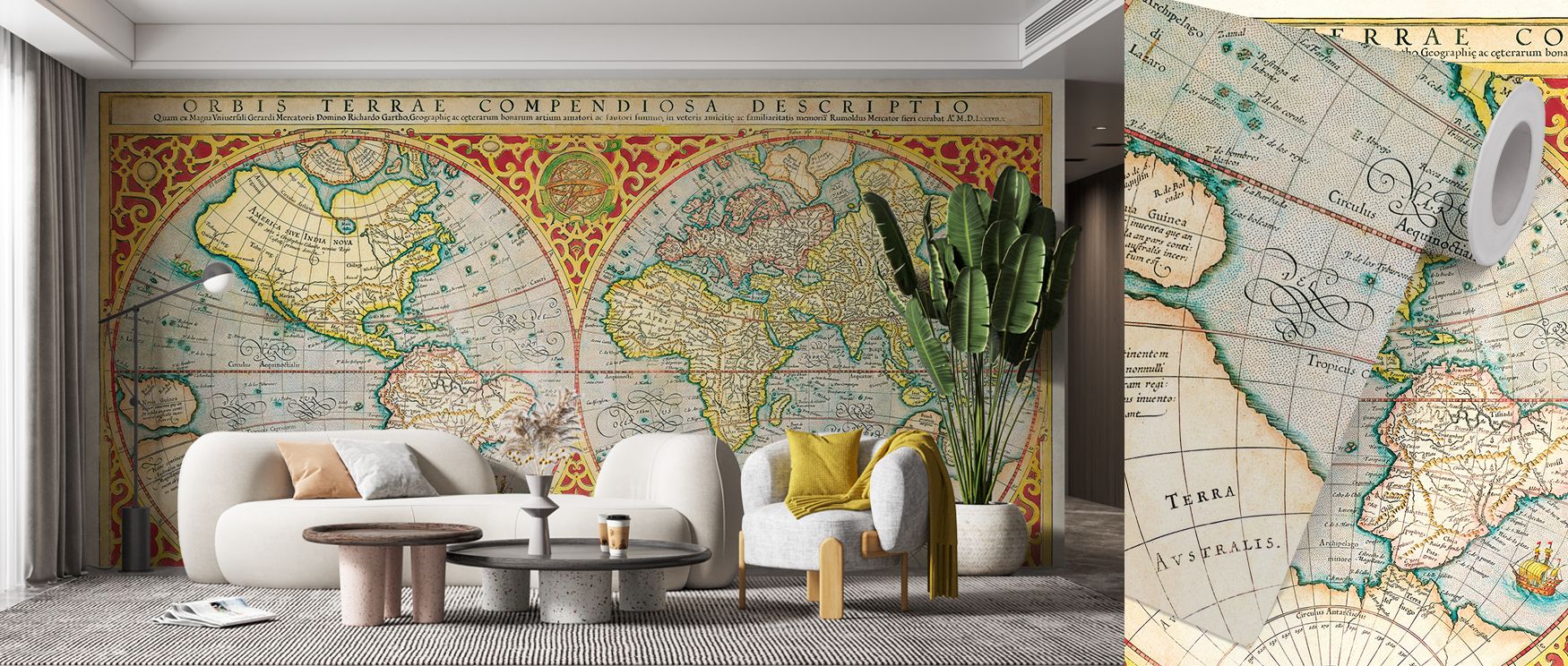 This wallpaper captures the Orbis Terrae world map with antique artistry, enriching interiors. Living rooms or lounges glow with refinement as walls reflect cultural sophistication, heritage charm, and global pride, turning homes into inspiring cultural r