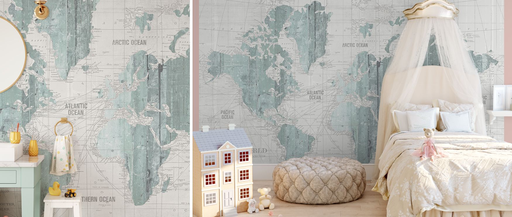 This wallpaper captures antique world maps in mint gray refinement, enriching interiors with sophistication. Designed for living rooms or bedrooms, it makes walls glow with artistry, charm, and timeless elegance, creating stylish retreats filled with cult