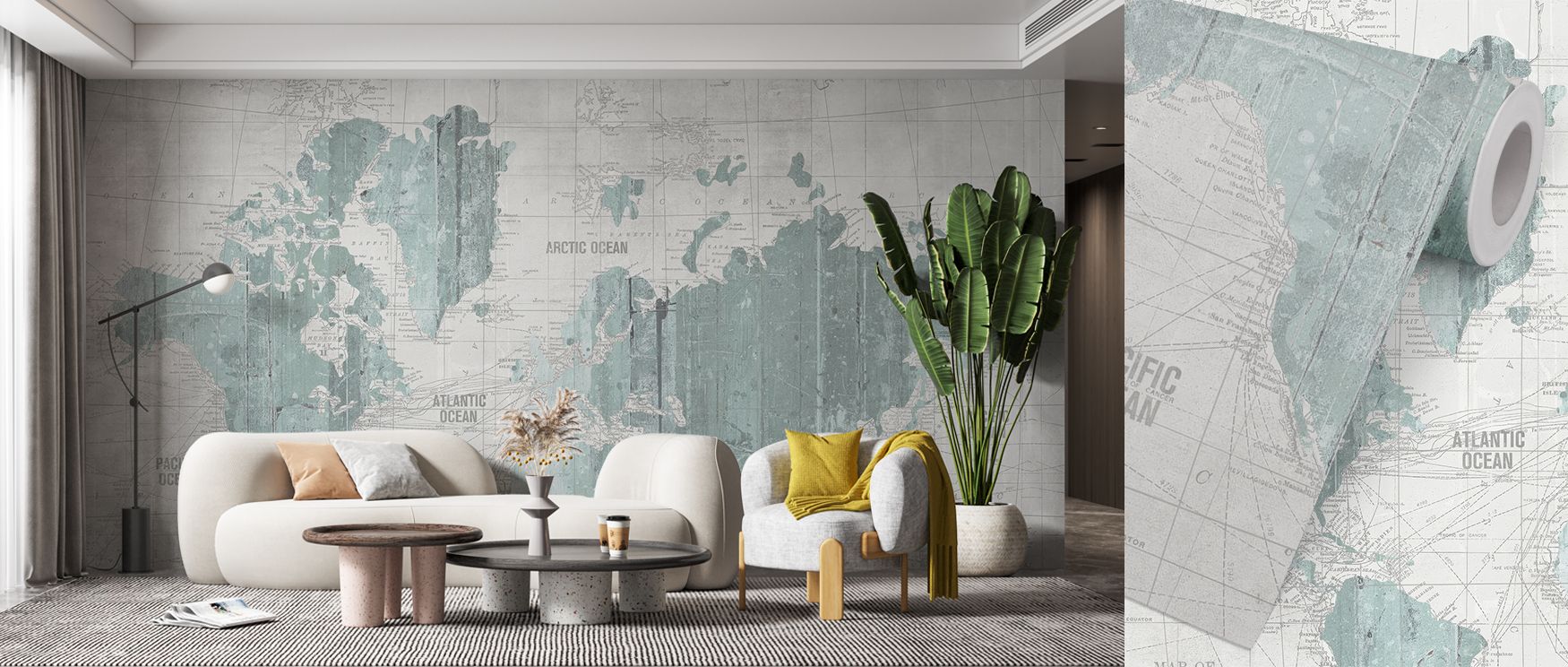 Mint gray cartographic artistry spreads across this wallpaper, radiating calm charm. Bedrooms, lounges, or offices glow with refinement as walls become enriched with heritage beauty, global detail, and timeless sophistication, making interiors stylish and