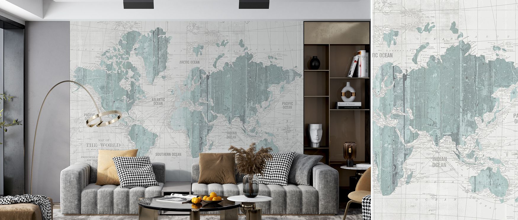 This wallpaper depicts Old World cartography in soft mint gray tones, enriching interiors with charm. Living rooms, offices, or bedrooms glow with refinement as walls radiate cultural depth, timeless artistry, and vintage elegance rooted in design heritag