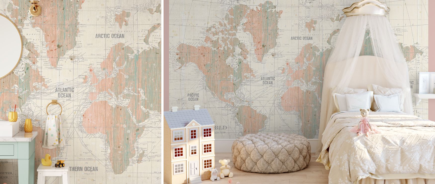 This wallpaper captures Old World maps in blush and mint refinement, enriching interiors with sophistication. Designed for living rooms or bedrooms, it makes walls glow with artistry, charm, and cultural depth, creating elegant retreats filled with herita