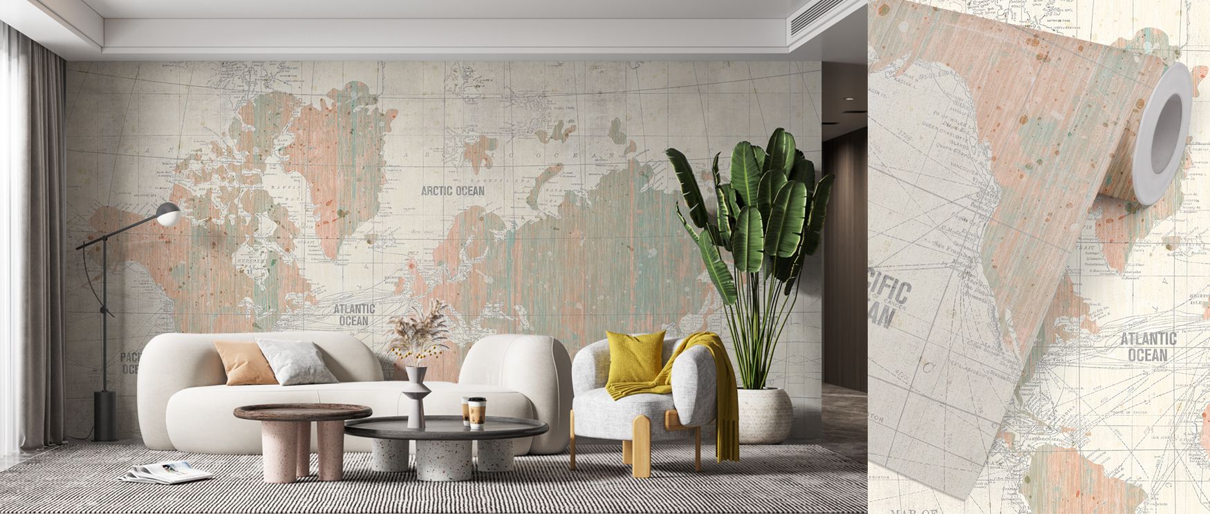 Blush and mint cartographic artistry spreads across this wallpaper, radiating warmth and charm. Bedrooms, lounges, or offices glow with refinement as walls become enriched with heritage beauty, vintage detail, and timeless artistry, creating interiors tha