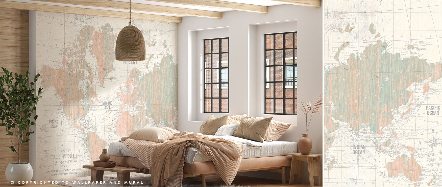 The Old World Map Blush and Mint Wallpaper enriches interiors with cultural depth and artistry, blending vintage charm with soft tones. Living rooms or lounges glow with refinement as walls become cultural showcases filled with heritage pride, artistry, a