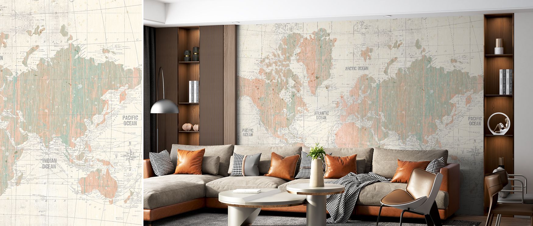Antique cartography in blush and mint shades fills this wallpaper with charm. Bedrooms or offices glow with refinement as walls radiate cultural detail, heritage inspiration, and timeless elegance, turning homes into stylish retreats filled with cultural 