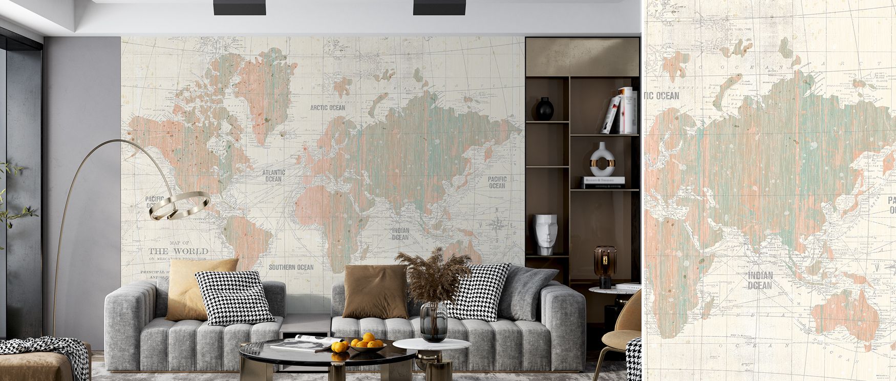 This wallpaper depicts Old World cartography in blush and mint tones, enriching interiors with charm. Living rooms, offices, or bedrooms glow with refinement as walls reflect artistry, cultural heritage, and timeless sophistication, balancing warmth and h