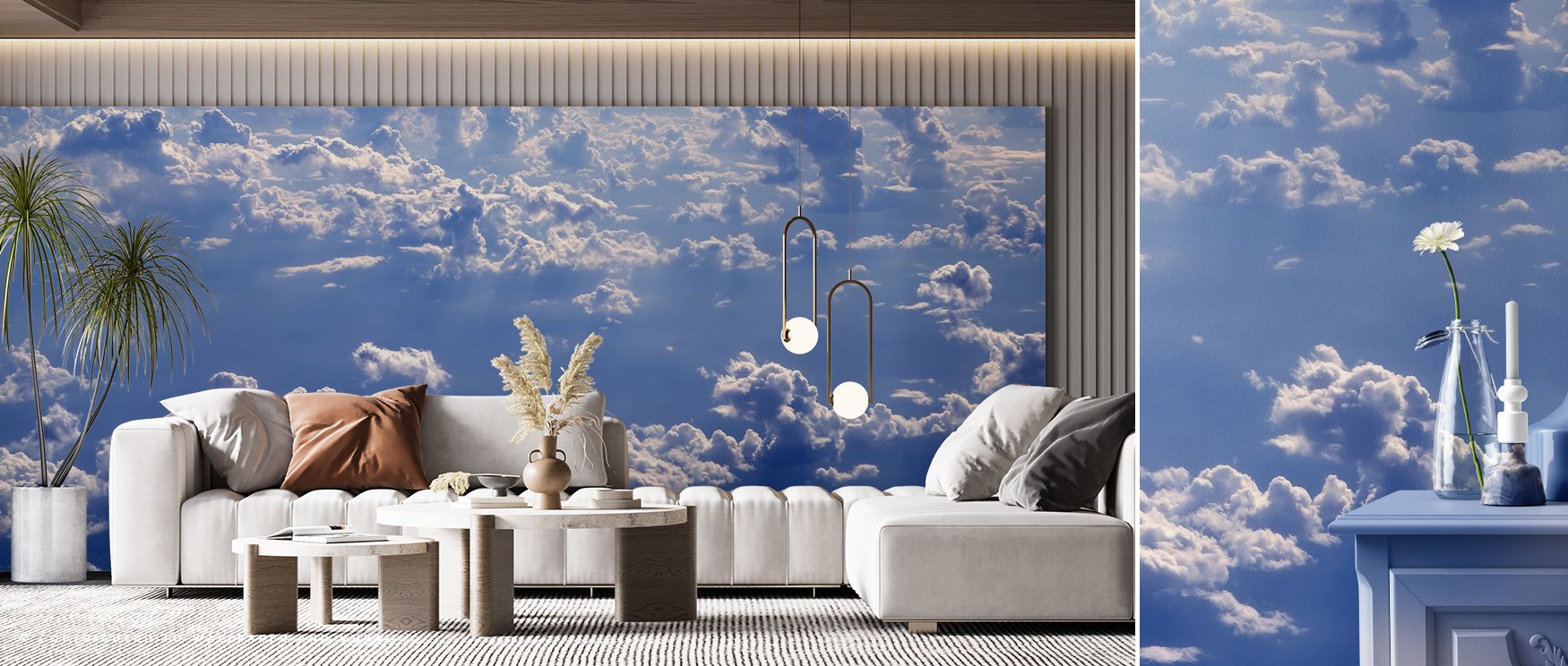 Dreamlike skies in blue and white fill this wallpaper with charm. Bedrooms, lounges, or offices glow with refinement as walls radiate serenity, sophistication, and timeless artistry, turning homes into calming sanctuaries filled with natural inspiration. 
