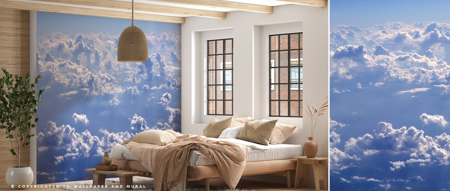 Expansive sky tones and refined artistry decorate this wallpaper with calm beauty. Living rooms, offices, or bedrooms glow with refinement as walls reflect uplifting charm, natural wonder, and timeless sophistication, creating peaceful interiors filled wi