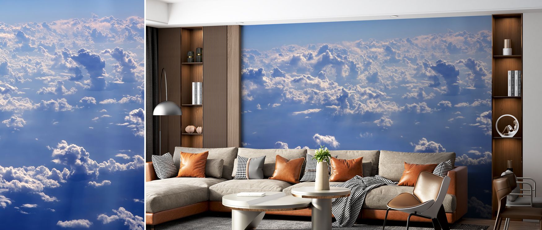 This wallpaper depicts skies above the clouds with dreamlike refinement, enriching interiors with charm. Bedrooms, lounges, or offices glow with serenity as walls transform into inspiring canvases filled with sophistication, artistry, and uplifting natura