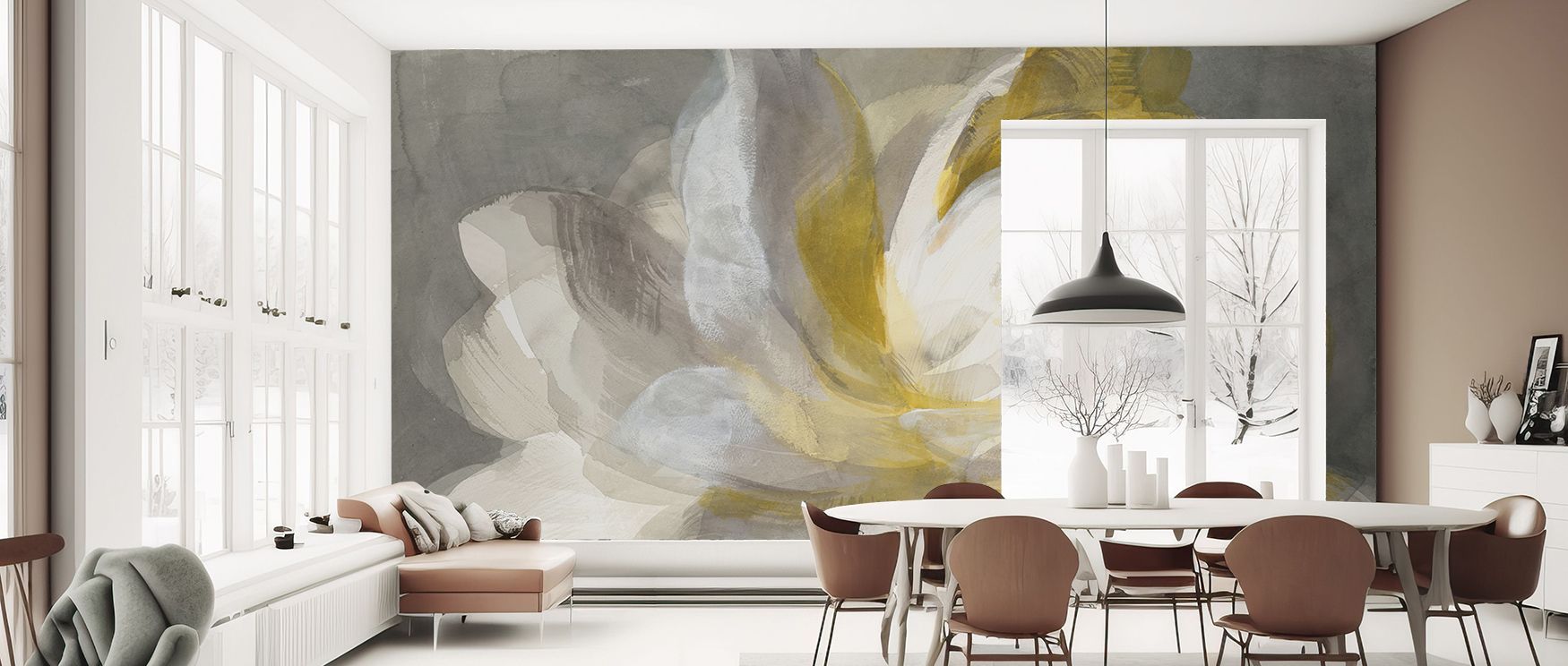 Decorative abstract rose wall design featuring petals painted in contemporary style, perfect for bedrooms and living rooms, creating elegant settings filled with floral artistry and offering harmony between timeless motifs and modern abstract creativity. 