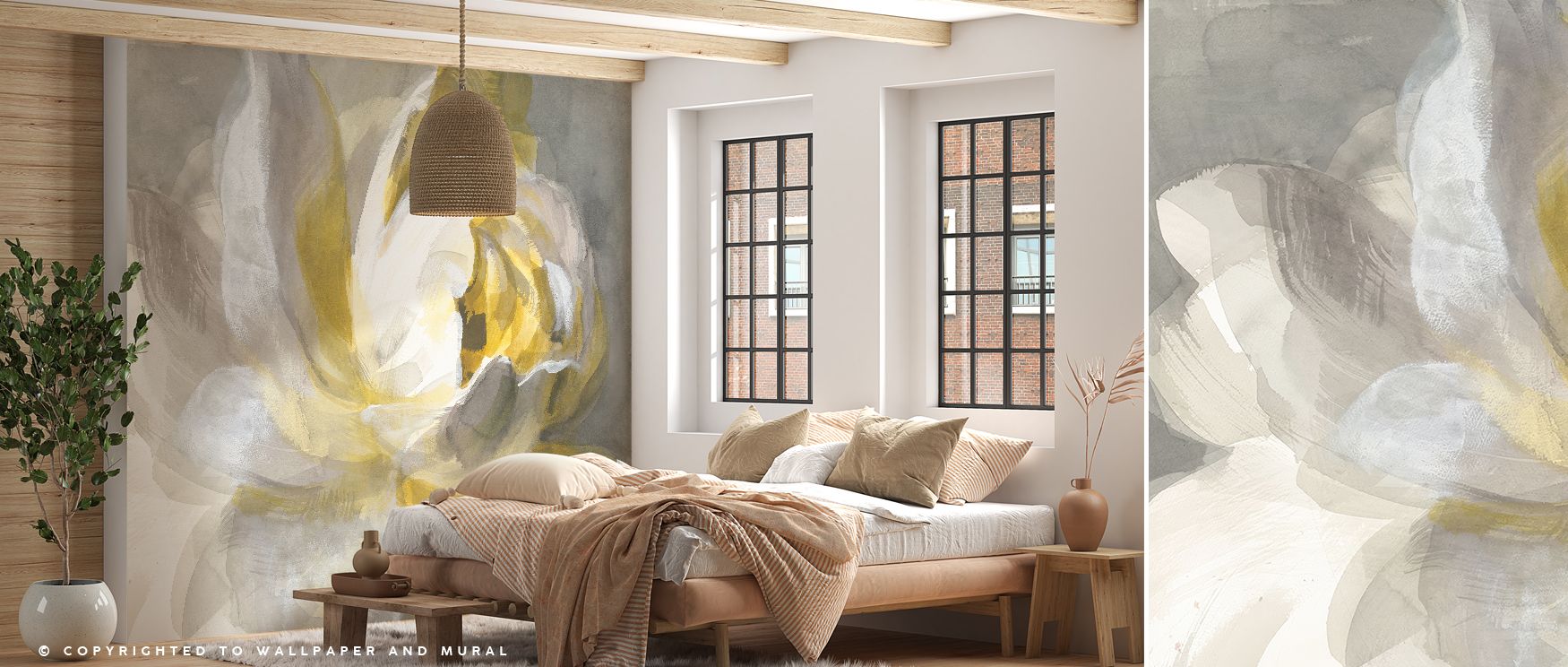 Artistic abstract floral mural with soft roses reimagined in modern patterns, enhancing bedrooms with elegance and charm, providing delicate yet bold decorative accents that inspire tranquility and romance while blending with a wide range of interior déco