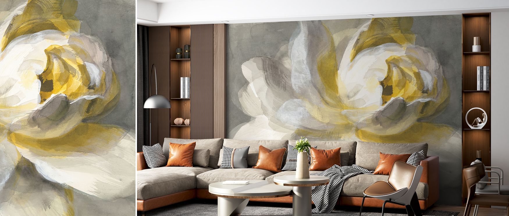 Modern rose-inspired abstract wallpaper mural with flowing petals and artistic tones, transforming plain walls into sophisticated floral canvases, perfect for living rooms or dining rooms that embrace timeless elegance and refined contemporary home décor.