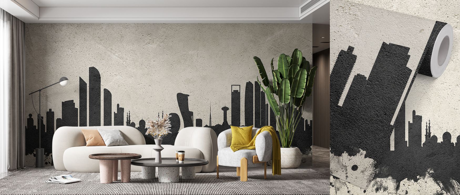 Decorative Abu Dhabi city skyline mural with concrete background, enriching bedrooms or offices with architectural artistry, turning plain walls into cosmopolitan features that embody sophistication and modern minimalist design with urban inspiration. 