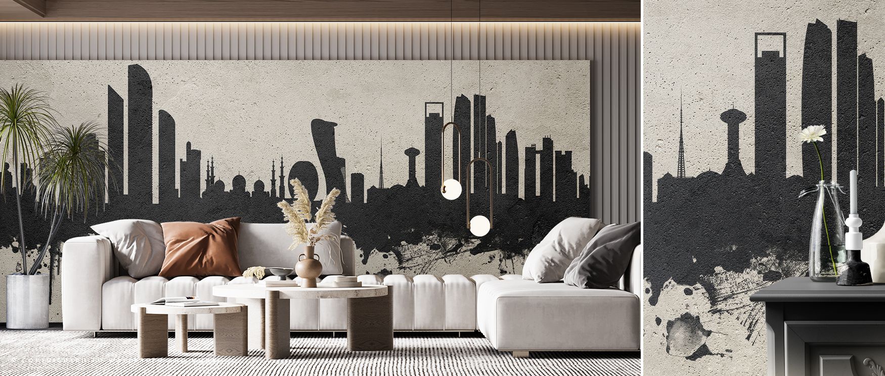 Artistic skyline wallpaper depicting Abu Dhabi architecture with concrete finish, perfect for modern homes where living rooms or offices embrace metropolitan elegance, transforming walls into urban landscapes filled with bold sophistication and beauty. 