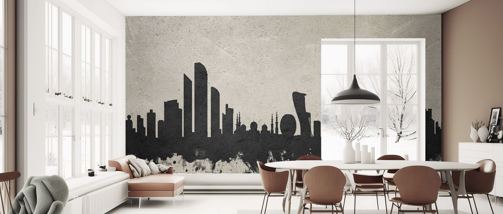 Stylish Abu Dhabi architectural skyline mural wallpaper with textured concrete design, enriching homes with minimalist yet dramatic city accents, providing bold visual elements that uplift interiors with refined modern charm and sophistication. 