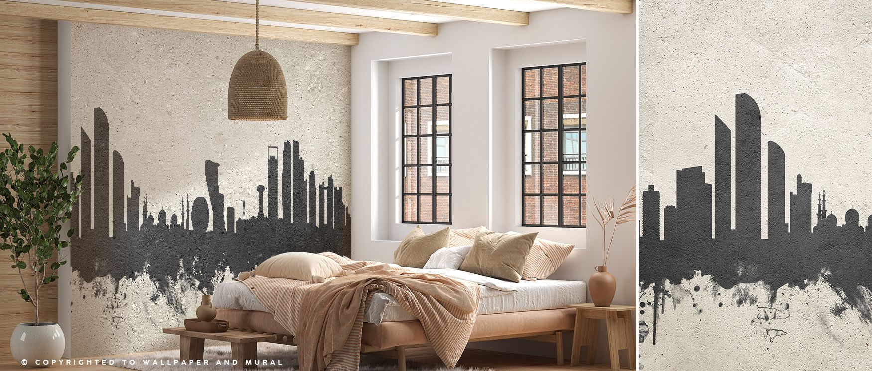 Elegant architectural wallpaper mural of Abu Dhabi skyline set against concrete textures, enriching offices or bedrooms with bold city imagery, offering a modern backdrop that exudes sophistication and metropolitan style in any contemporary home. 