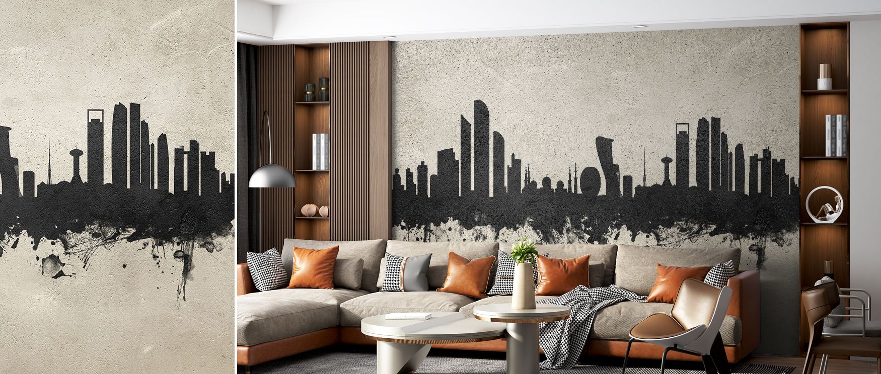 Modern Abu Dhabi skyline wall mural with concrete design, creating dramatic urban-inspired walls in living rooms or workspaces, inspiring interiors with architectural charm, sleek tones, and refined cosmopolitan atmosphere filled with style. 