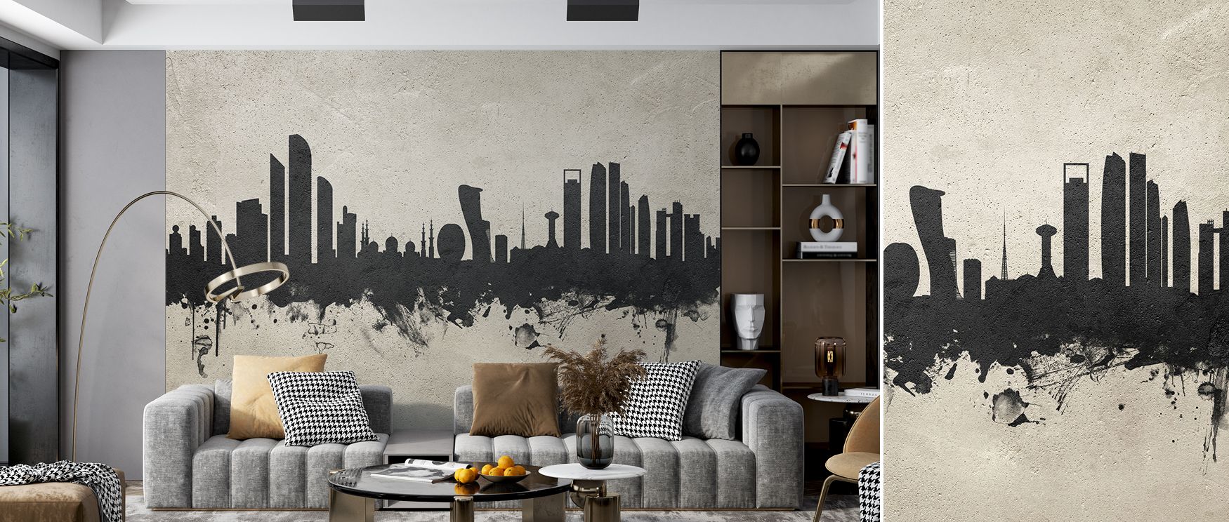 Concrete textured Abu Dhabi skyline wallpaper mural, turning plain walls into cityscape statements, ideal for bedrooms and offices where modern architecture enhances atmosphere with bold sophistication and cosmopolitan urban beauty. 
