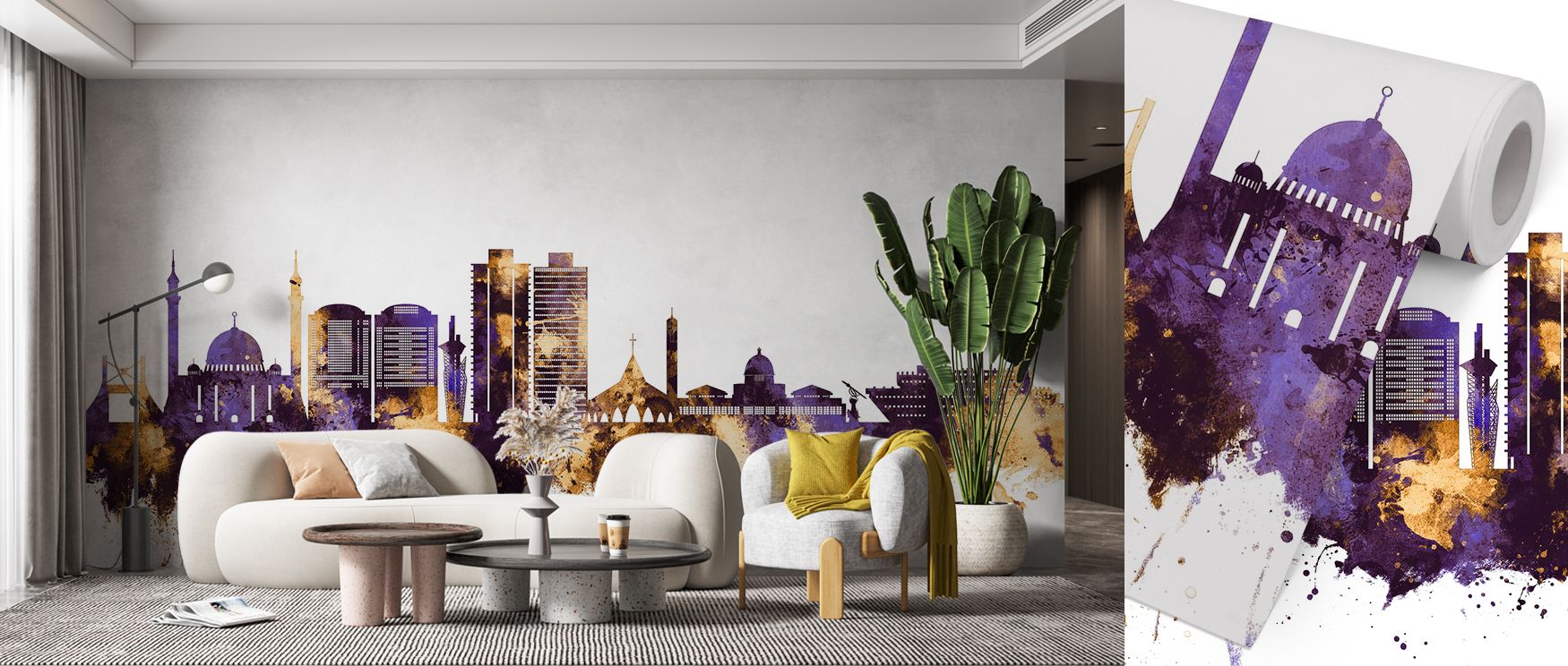 Abuja skyline wallpaper mural with purple and gold accents, enhancing bedrooms or living rooms with vibrant tones, blending cultural charm and cosmopolitan design to create statement walls filled with sophistication and Nigerian pride. 