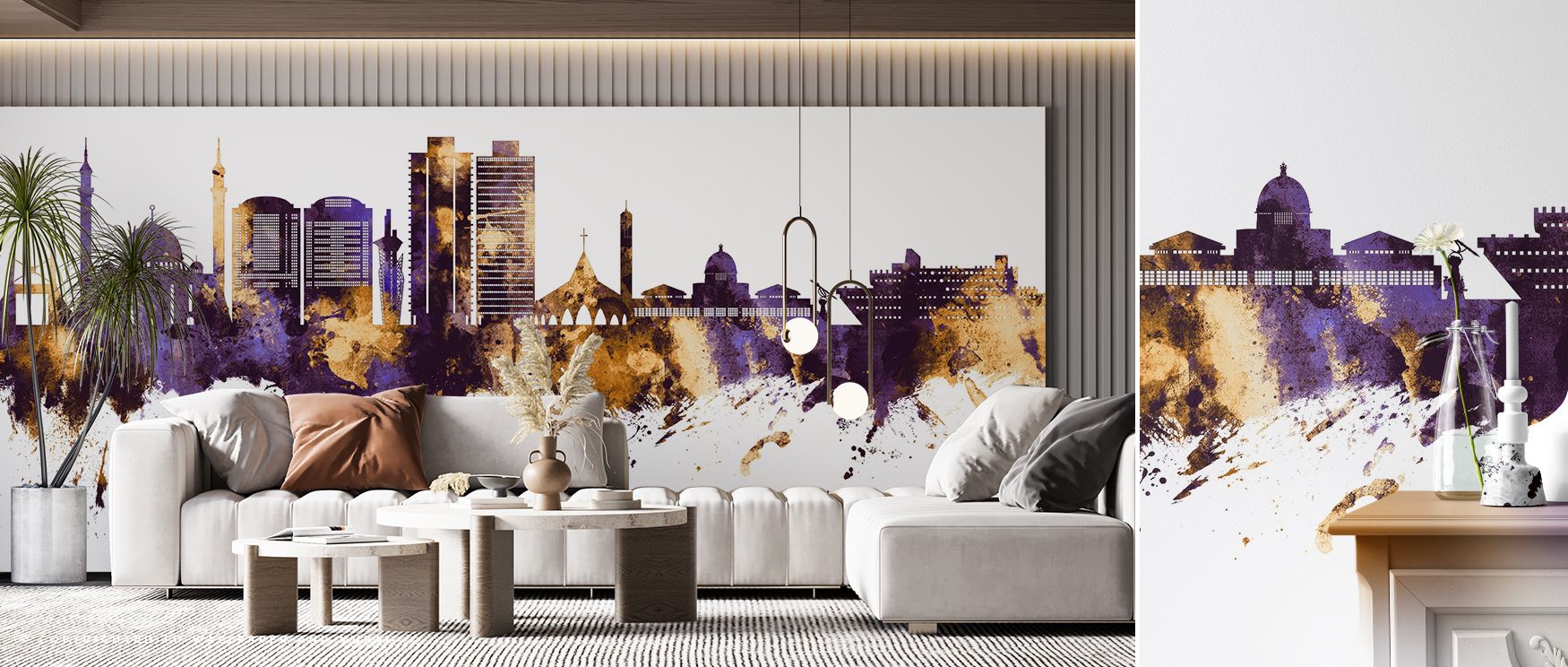 Decorative Abuja skyline mural wallpaper with bold purple and gold contrasts, perfect for offices or bedrooms, enriching interiors with urban artistry while reflecting Nigerian culture and modern contemporary elegance in a stylish way. 