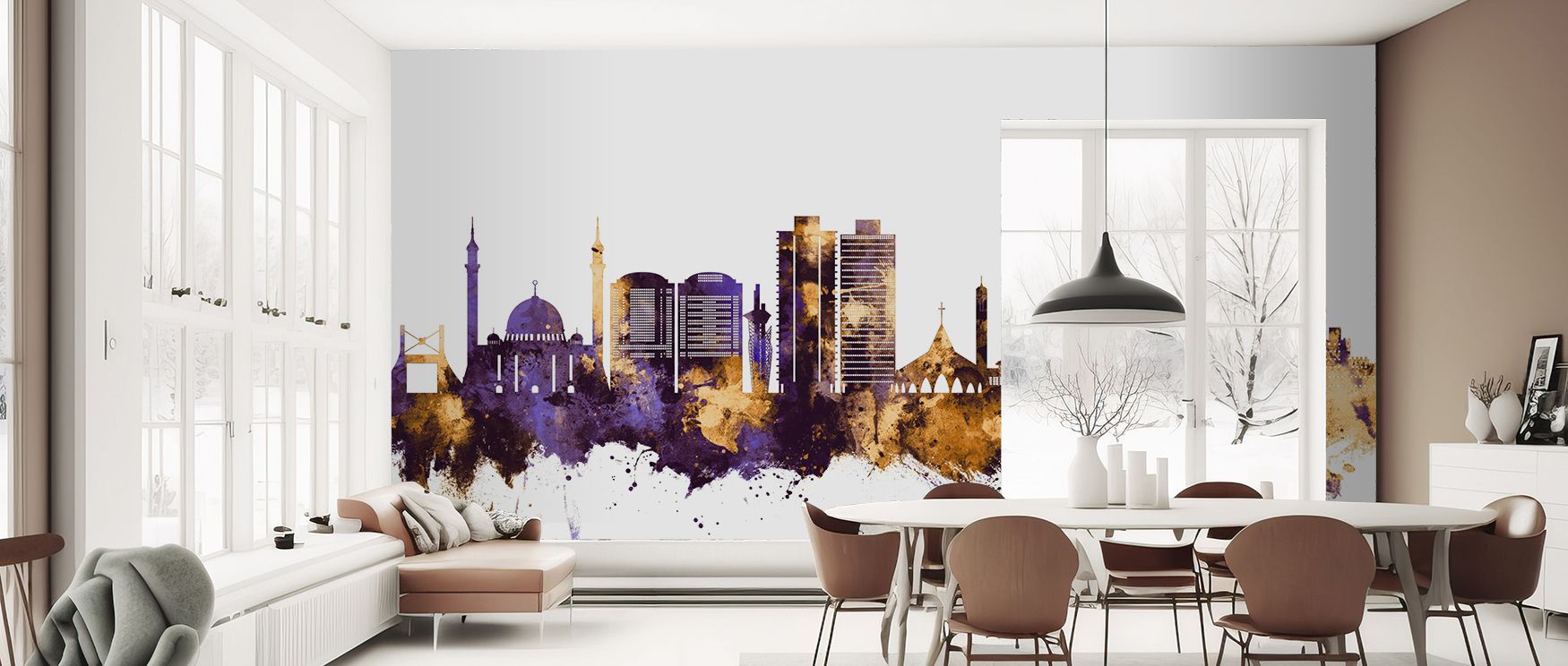 Vibrant Abuja city skyline wallpaper mural with bold gold and purple layers, adding stylish decorative impact to bedrooms or creative workspaces, highlighting Nigerian charm and cosmopolitan pride in modern interior design. 