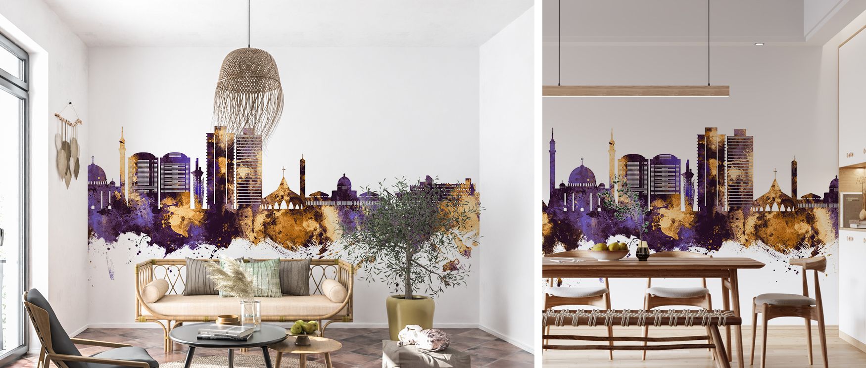 Artistic purple and gold Abuja skyline mural, transforming living rooms into vibrant interiors filled with bold color expression, cultural depth, and architectural beauty, offering a striking urban accent for stylish modern homes. 
