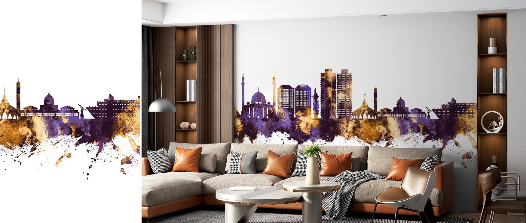 Contemporary Abuja skyline wall design in purple and gold tones, enriching living spaces with bold urban accents, creating stylish interiors where Nigerian culture and modern cosmopolitan atmosphere unite through color and design. 