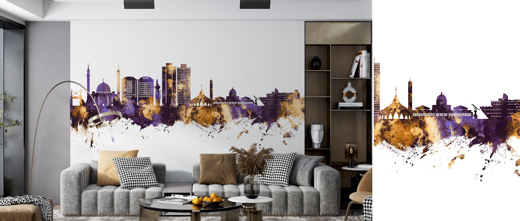 Modern Abuja skyline mural wallpaper with shimmering purple and gold contrasts, ideal for offices or living rooms, offering unique decorative accents that celebrate Nigerian pride while enhancing walls with vibrant artistry and architectural beauty. 