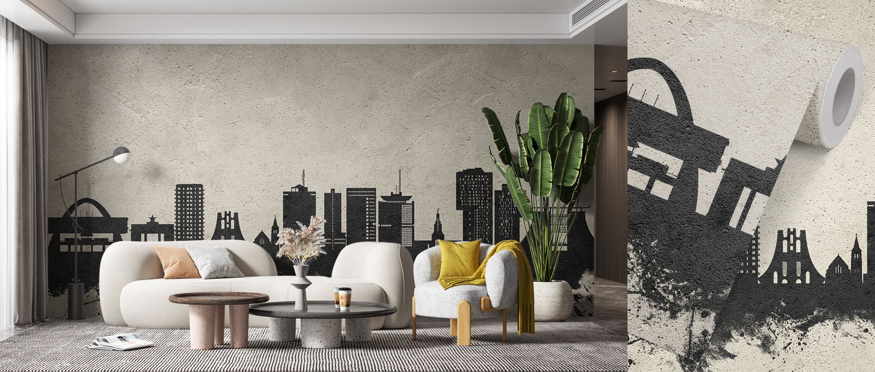 Decorative Accra city skyline mural wallpaper featuring concrete finish, perfect for bedrooms or professional spaces, enriching interiors with bold metropolitan charm and architectural artistry that reflects Ghanaian culture and modern sophistication. 