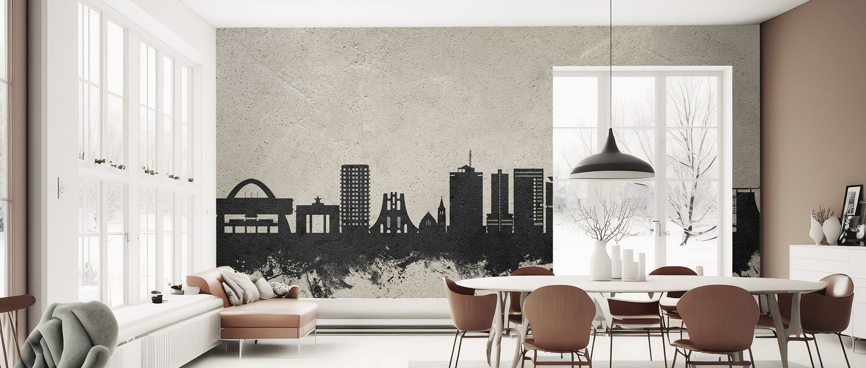 Minimalist Accra skyline mural wallpaper with concrete tones, suitable for contemporary living rooms or offices, enhancing interiors with urban accents, Ghanaian pride, and architectural depth in modern sophisticated style. 