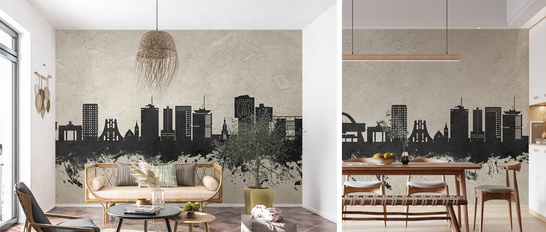 Ghana-inspired Accra skyline wallpaper mural with textured concrete design, creating refined urban-inspired walls for bedrooms or living spaces, offering elegant architectural features that uplift interiors with cosmopolitan pride and sophistication. 