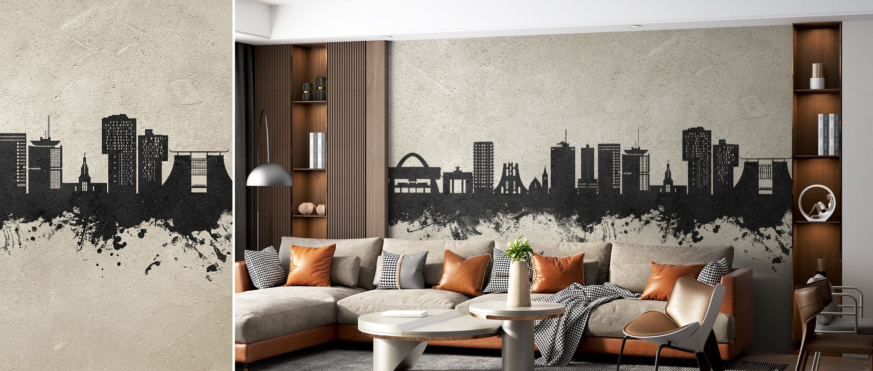Architectural Accra skyline mural with concrete background, transforming plain walls into bold decorative features, adding urban strength and contemporary design into living spaces or offices with Ghanaian city pride and sophistication. 