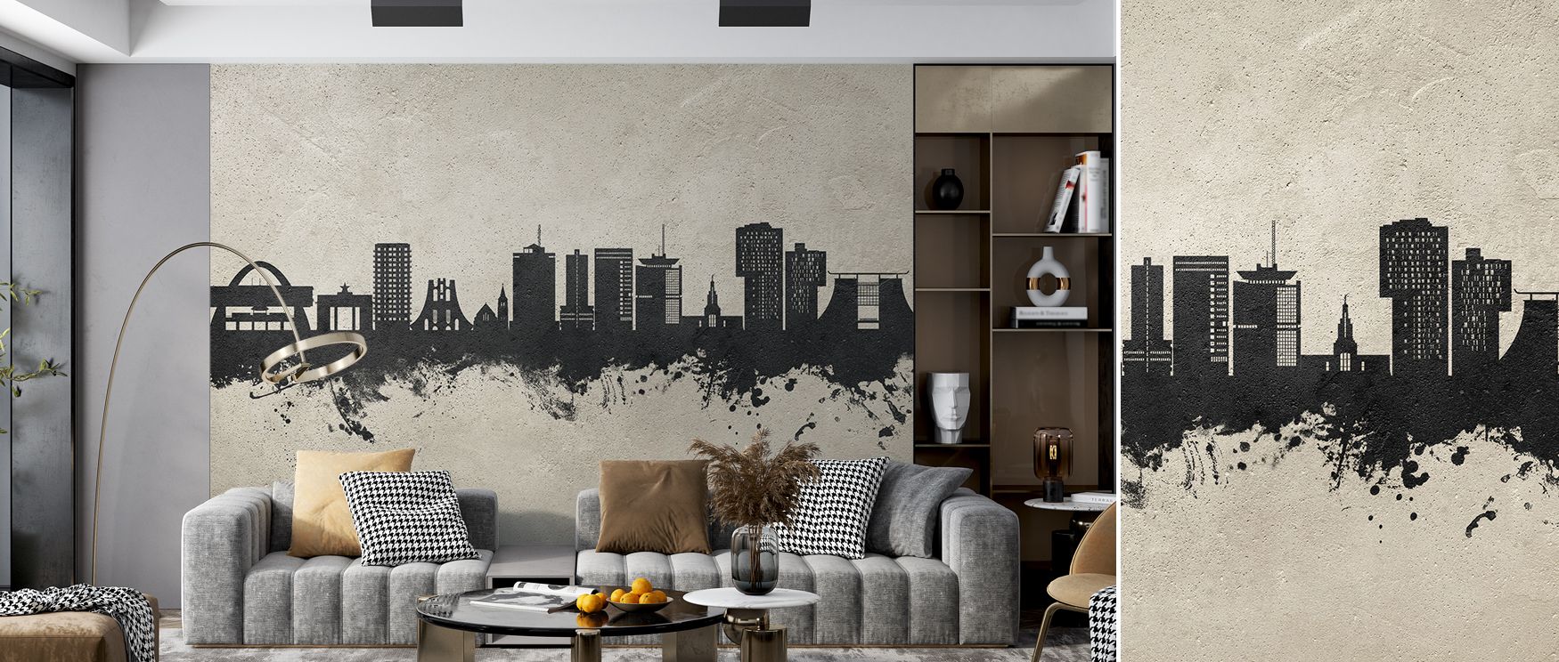 Stylish Accra city skyline wallpaper mural with concrete finish, enriching bedrooms or workspaces with metropolitan charm, offering sleek decorative backdrops that celebrate Ghanaian culture and modern interior elegance. 