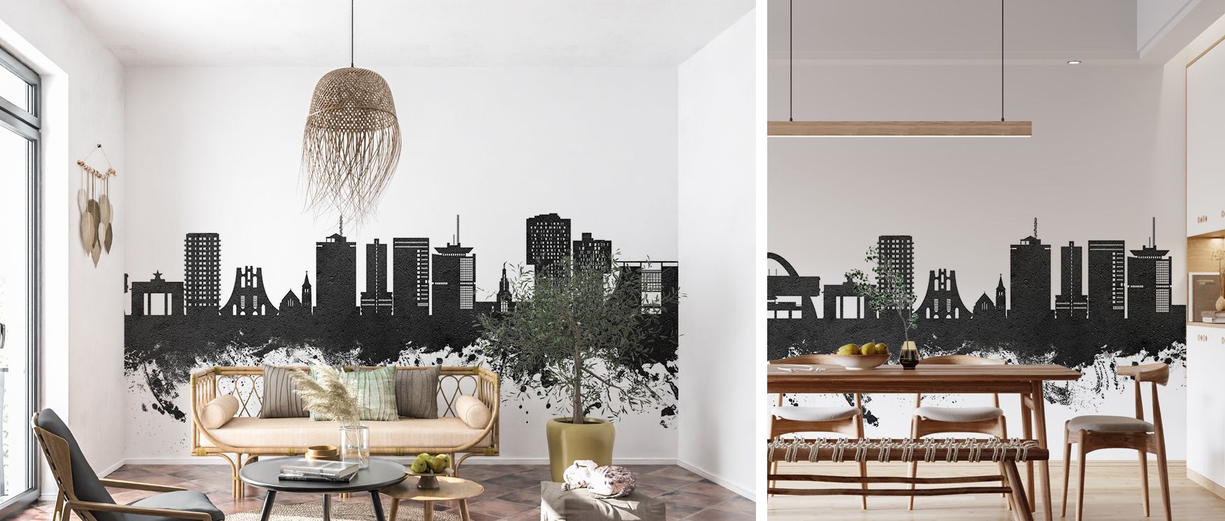Contemporary Accra skyline mural wallpaper offering bold city imagery, designed to uplift offices or lounges with cultural depth, transforming plain walls into cosmopolitan features that combine identity, artistry, and modern sophistication. 