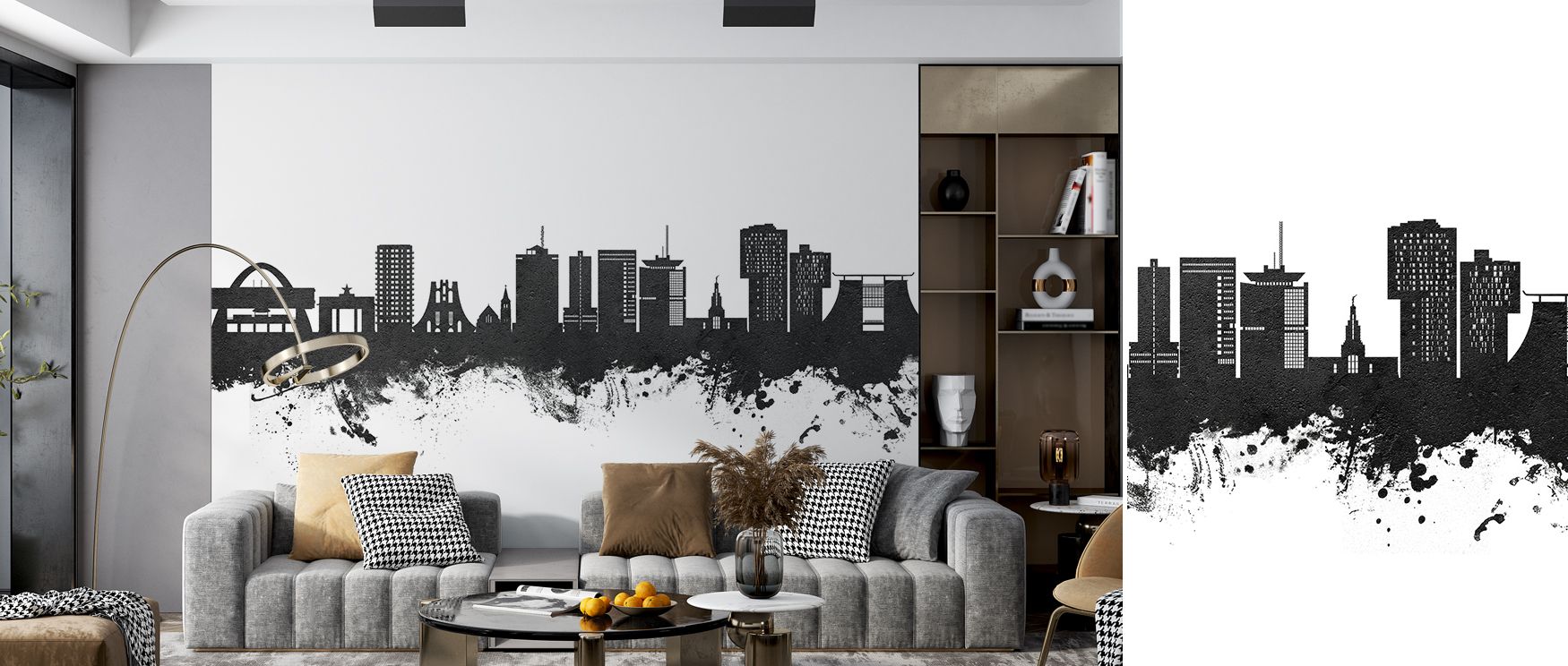 Urban-inspired Accra skyline wall mural with refined tones, ideal for study areas or living rooms, offering cultural accents and modern architectural features that enrich walls with Ghanaian pride and cosmopolitan interior charm. 