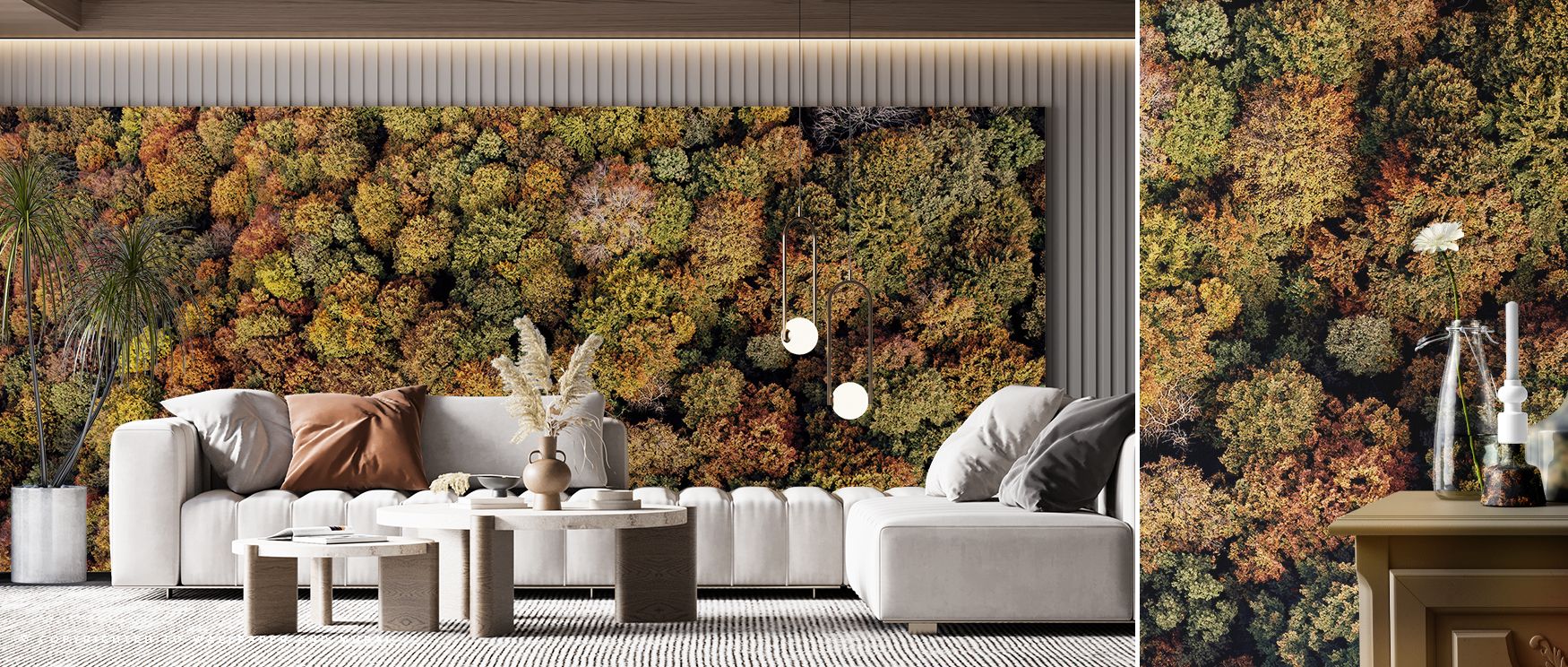 Tranquil aerial forest wallpaper mural with panoramic treetop views, perfect for bedrooms or offices where natural charm enhances interiors, providing relaxing atmospheres filled with greenery and peaceful decorative energy. 
