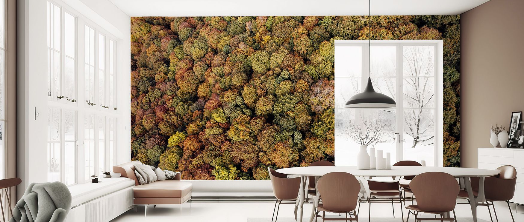 Decorative forest aerial mural wallpaper enriched with lush tones, perfect for bedrooms or lounges where immersive greenery enhances atmosphere, creating peaceful calming interiors with serene balance and natural charm.