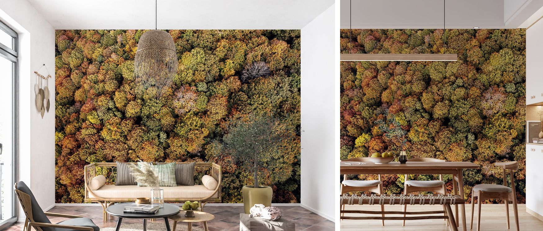 Aerial forest canopy mural wallpaper enriched with vibrant tones, enhancing living spaces with calm atmospheres and natural imagery, creating immersive environments filled with freshness, tranquility, and serene visual artistry. 
