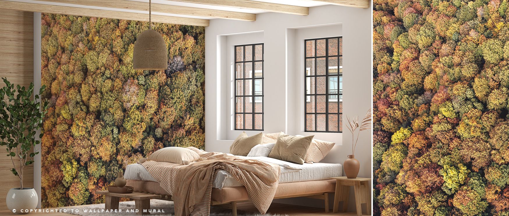 Panoramic aerial forest mural wallpaper with lush treetop designs, suitable for offices or dining areas, enriching interiors with organic tones and immersive greenery that provide peaceful atmospheres and refreshing natural charm. 