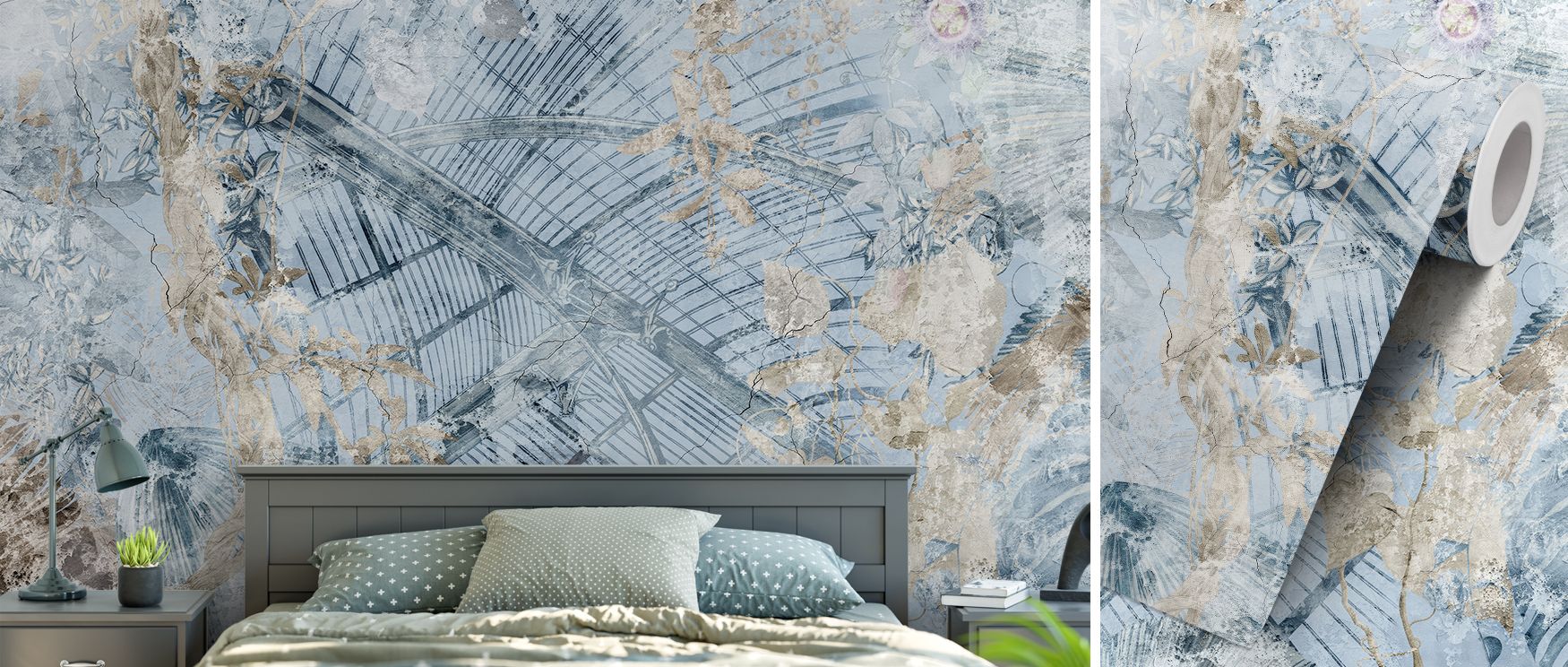 Rustic greenhouse mural wallpaper design with weathered details and vintage character, suitable for living spaces or bedrooms, enriching walls with artistic heritage-inspired decorative accents filled with warmth and timeless style. 