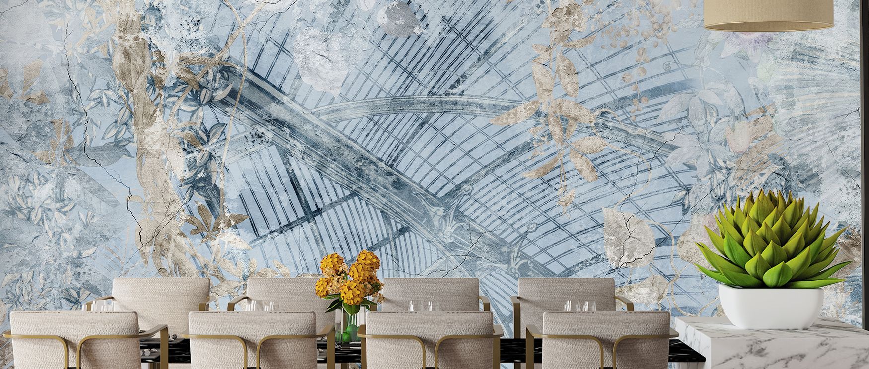 Decorative greenhouse vintage wallpaper mural featuring rustic patina, suitable for bedrooms or dining rooms, enriching interiors with timeless charm and artistic warmth that enhance atmosphere with heritage-inspired beauty. 