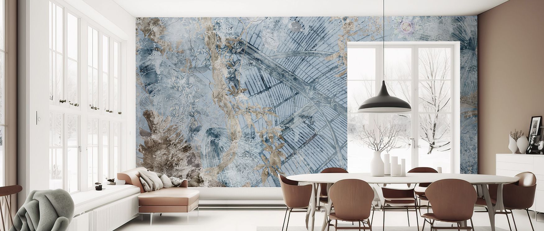 Aged greenhouse wallpaper mural with muted vintage tones, transforming plain walls into rustic features for living spaces or lounges, offering warmth, character, and nostalgic decorative charm.