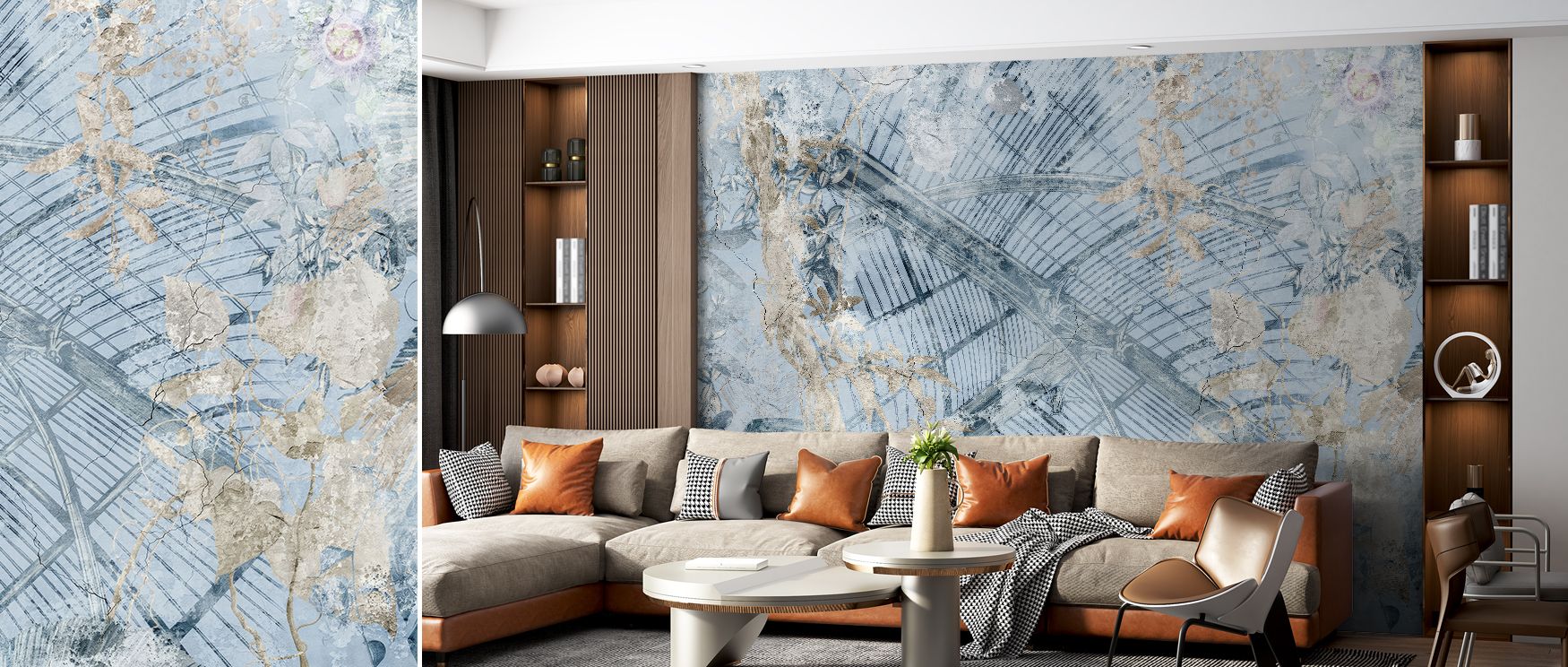 Weathered vintage greenhouse mural wallpaper filled with muted tones, perfect for bedrooms or dining areas, creating timeless interiors where rustic textures enhance atmosphere with artistic charm and decorative warmth. 