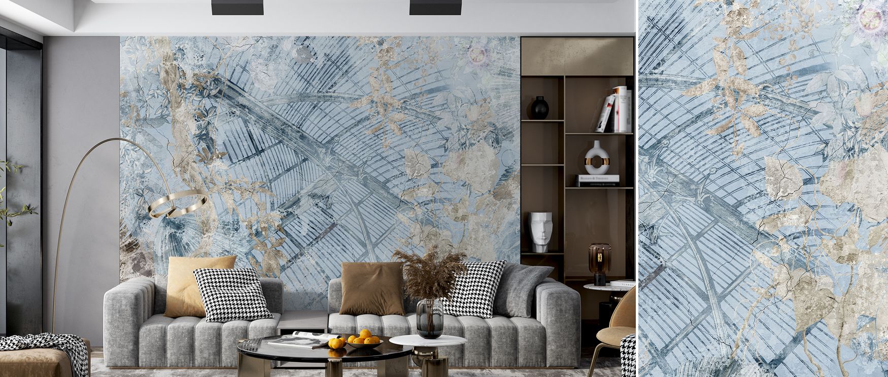 Rustic vintage greenhouse wallpaper mural with artistic weathered details, ideal for living rooms or offices, offering heritage-inspired decorative accents that create inviting warm interiors filled with nostalgic charm. 