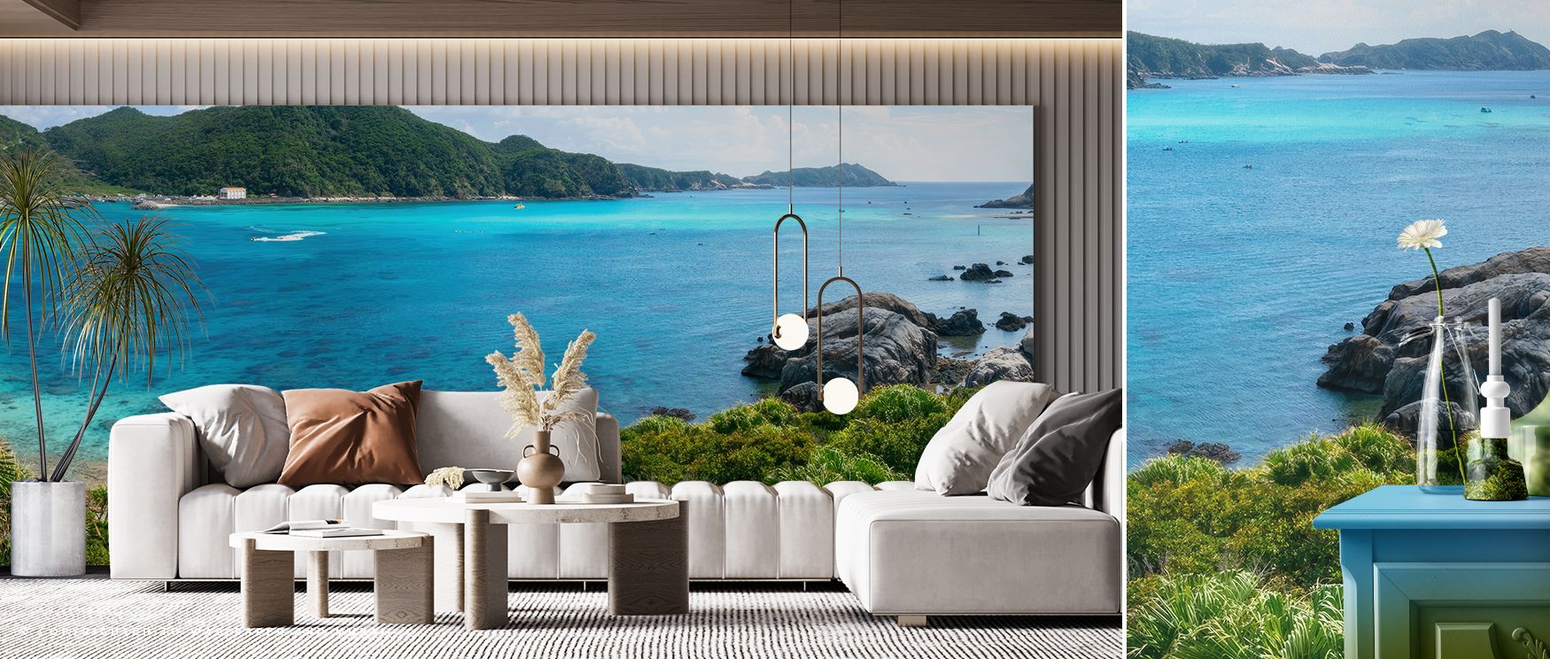 Coastal imagery defines the Aharen Bay Scenic Wallpaper, arranged with balanced tones of sea and land. Its design conveys charm, enriching bedrooms, offices, or shared interiors with decorative refinement and tropical beauty.
